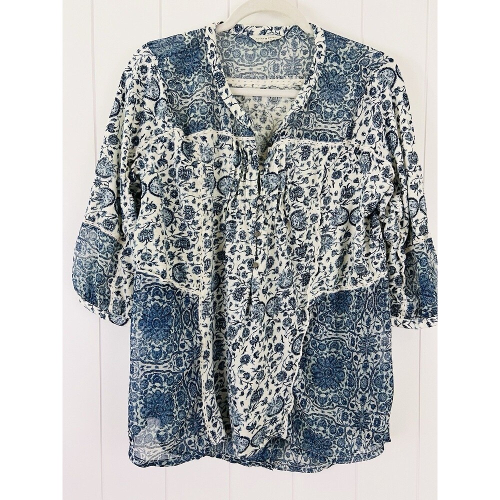 Lucky Brand Blue Floral Patchwork Boho Lightweight Flowy Peasant Blouse Plus 1X